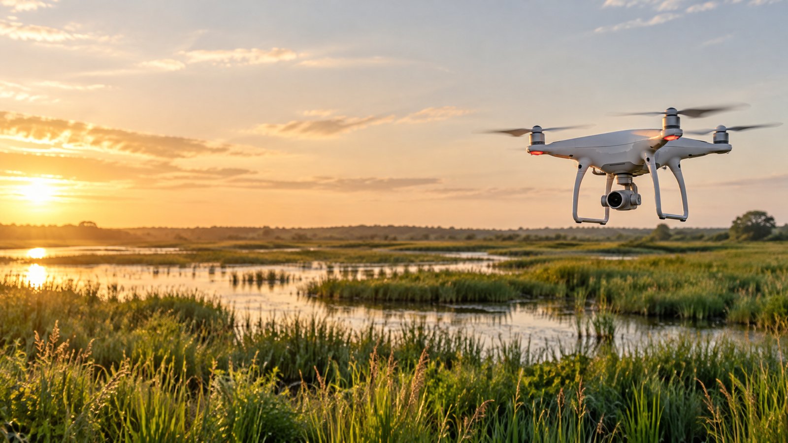 Survey drone flying low over a green wetland marsh at golden hour